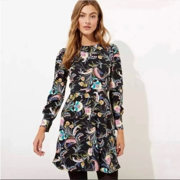 ANN TAYLOR LOFT Multicolor Black Pink Turquoise Long Sleeve Floral Dress Sz 00P - Picture 1 of 10